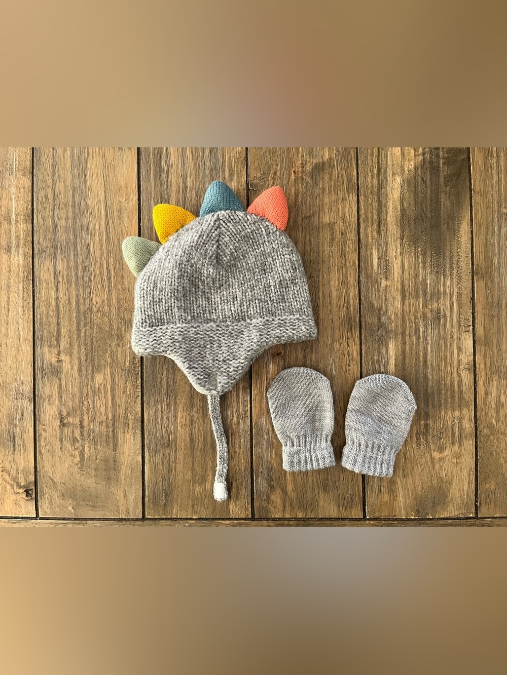 Target Gray Knit Dino Earflap Hat Colorful Spikes and Matching Mittens 0-6mo